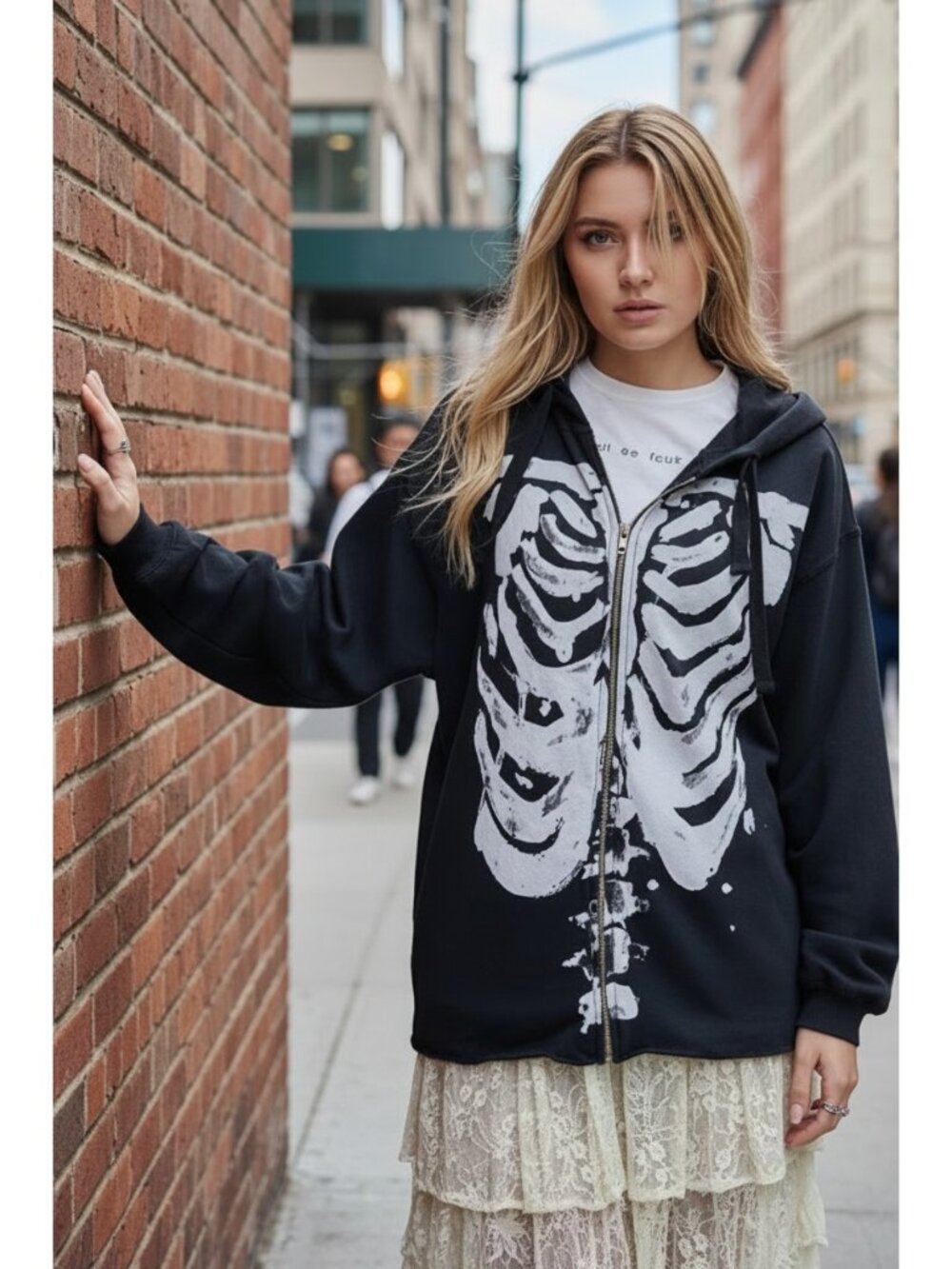 Oversized Skeleton Bones Graphic Boyfriend Zip-Up Drawstring Hoodie Jacket